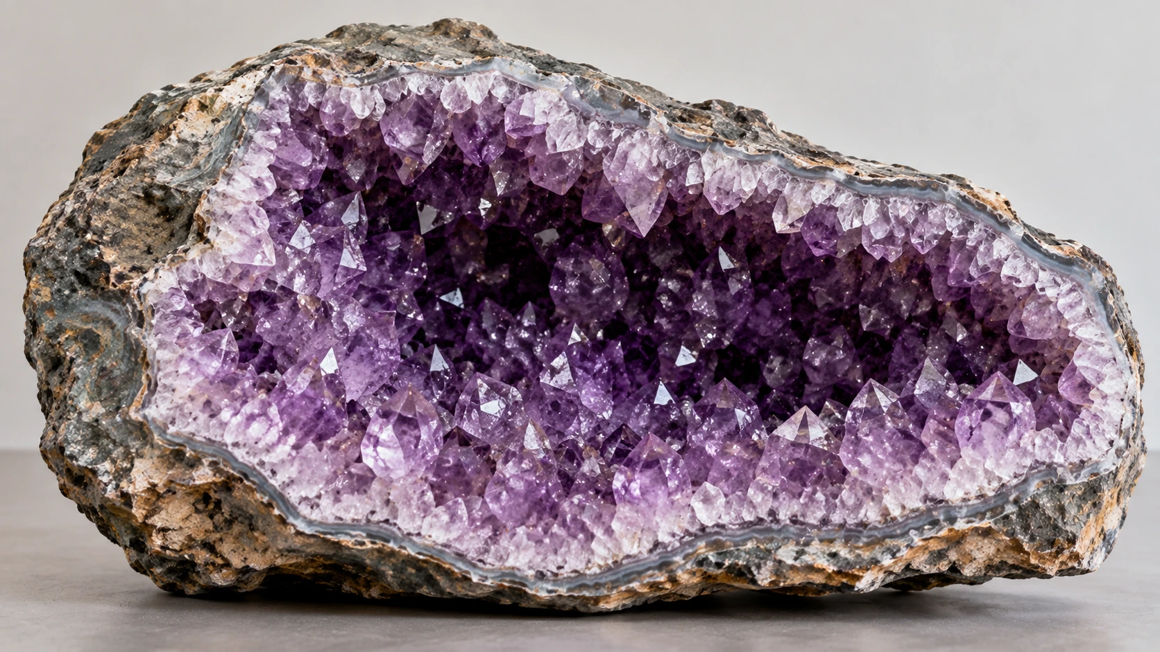 geoda natural de amatista abierta Geoda de amatista abierta mostrando cristales violetas en su interior