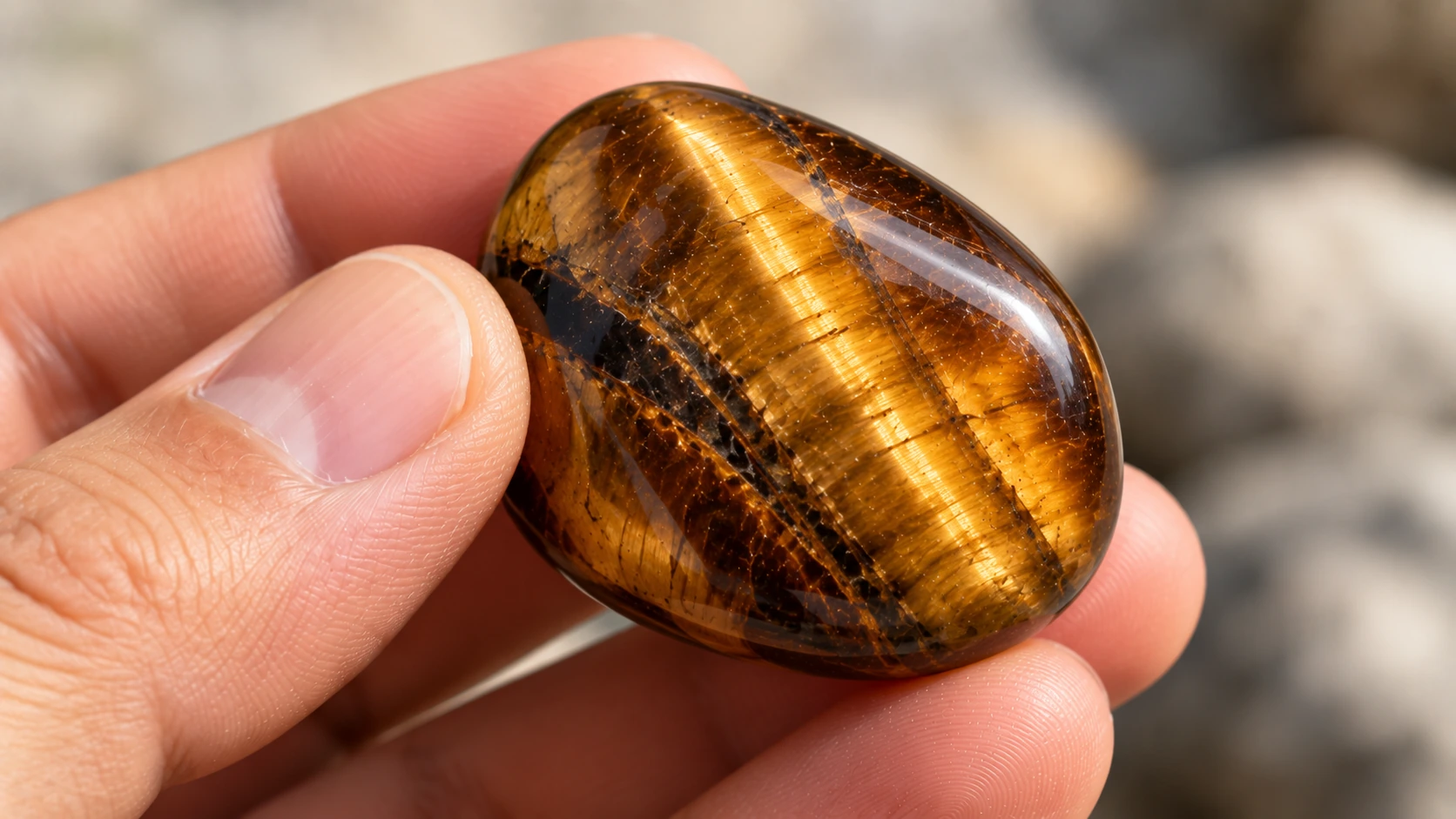 Piedra de ojo de tigre natural sostenida en una mano