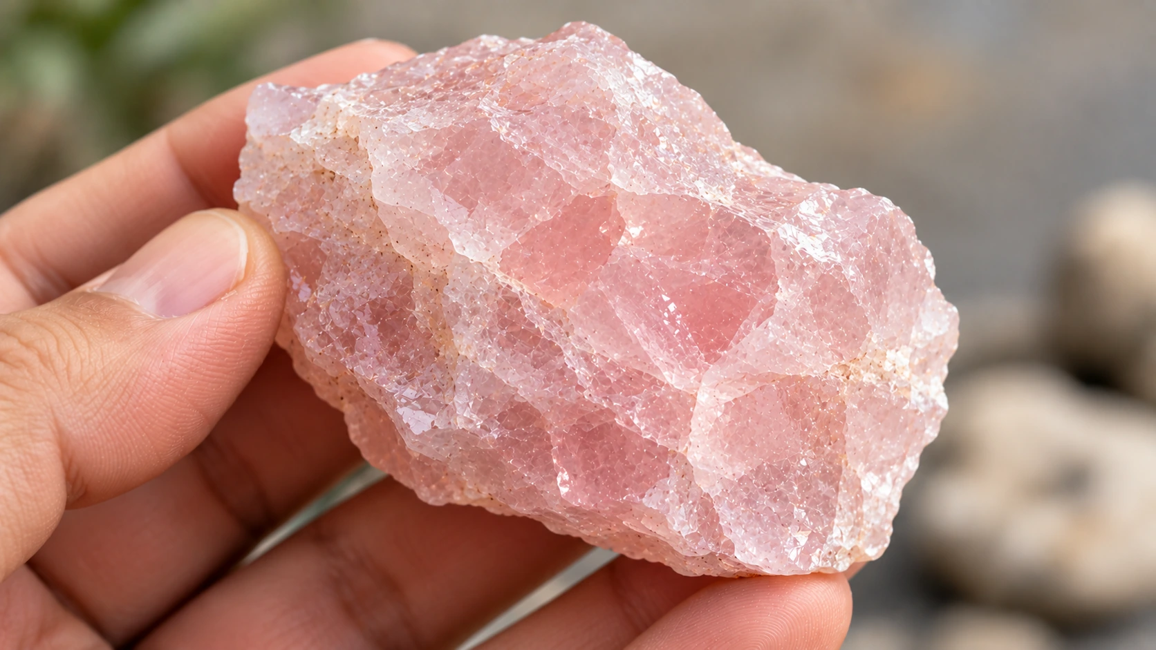 Piedra natural de cuarzo rosa sostenida en una mano