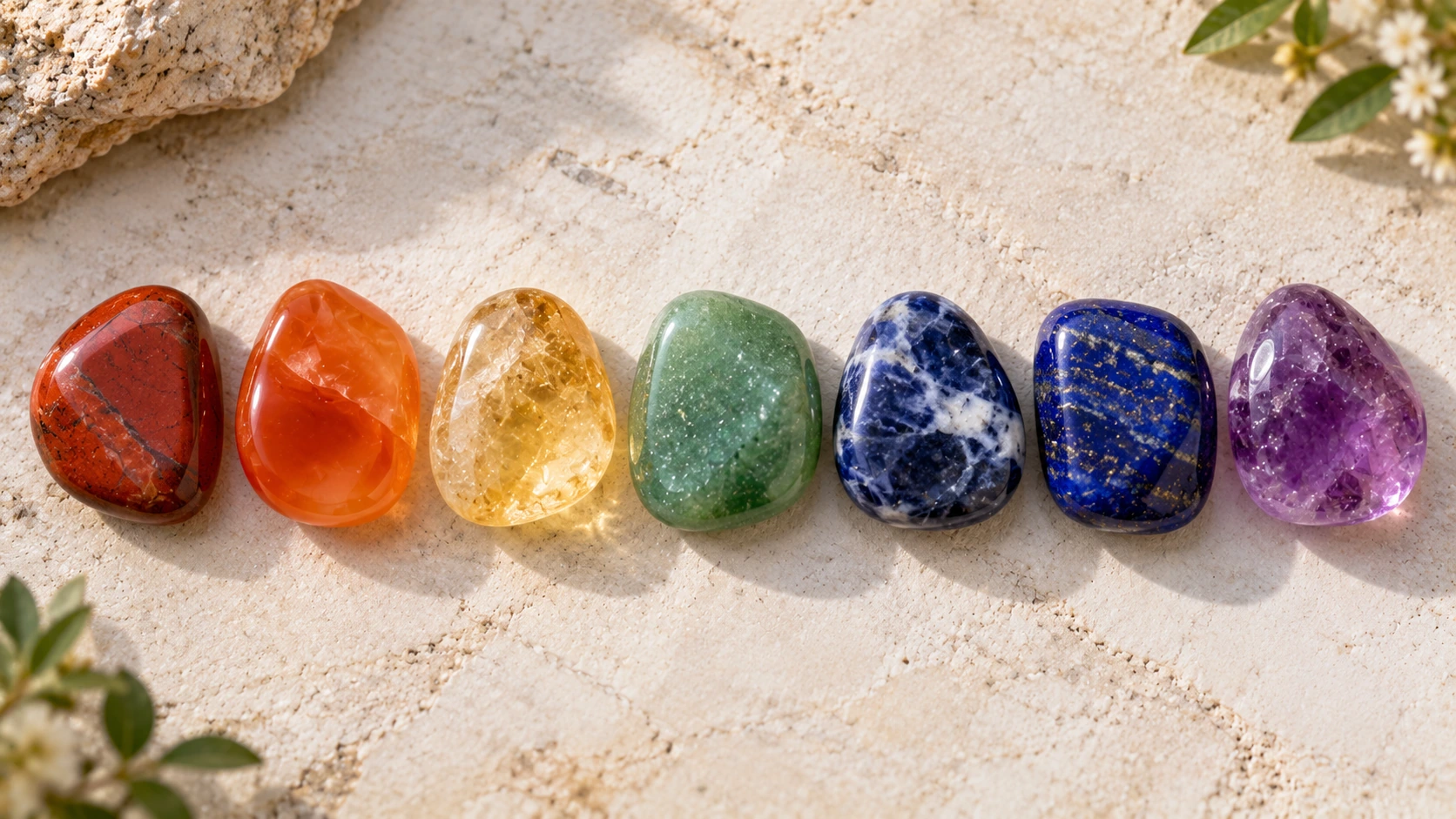 Piedras de los siete chakras ordenadas por colores