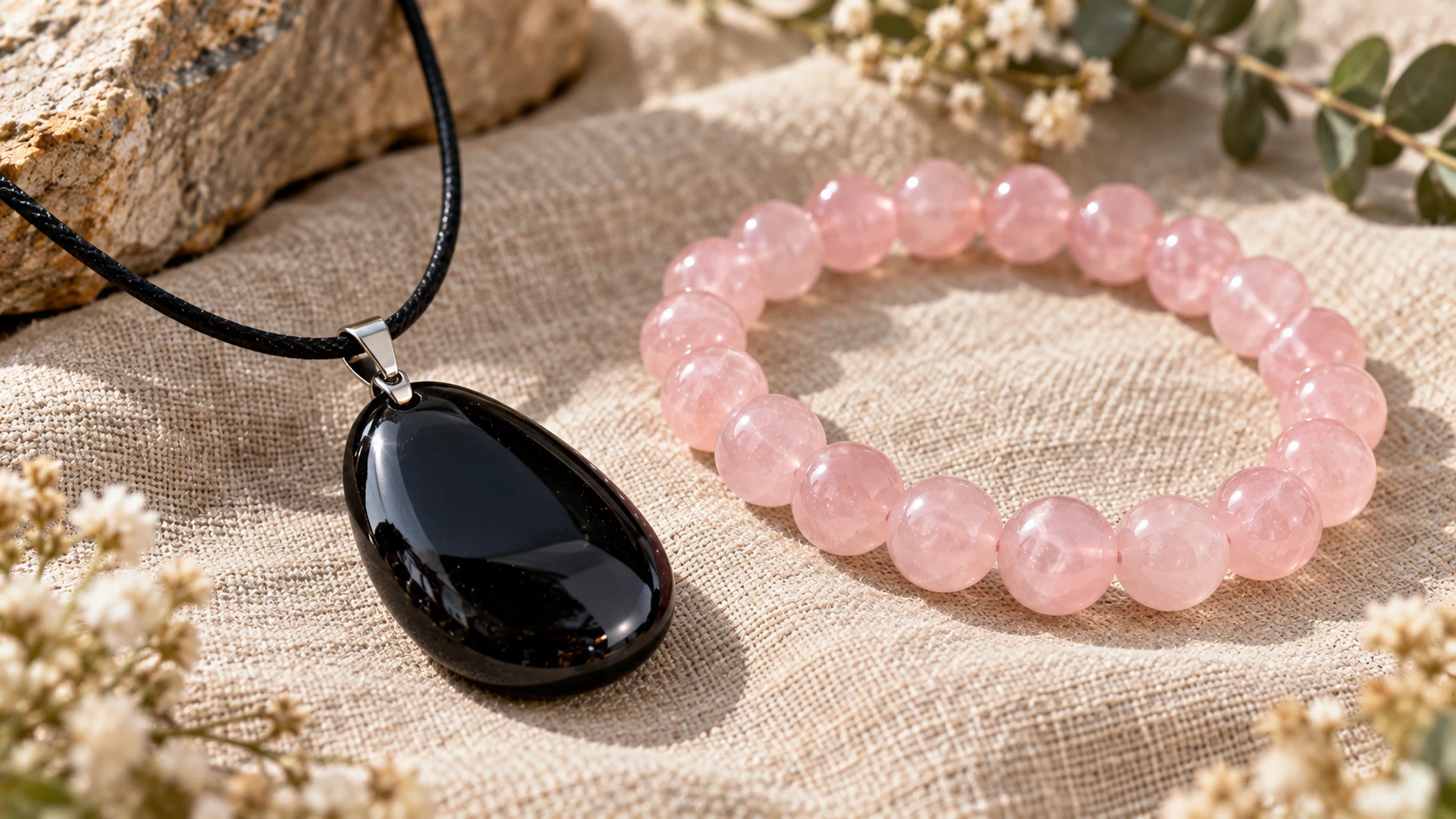 Collar de obsidiana negra y pulsera de cuarzo rosa juntos.