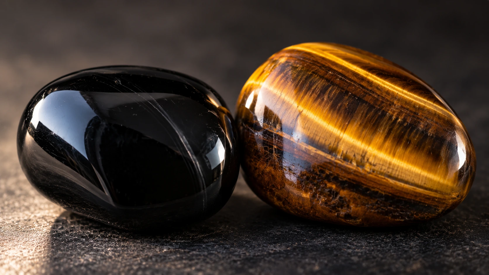Detalle de ónix negro y ojo de tigre pulidos