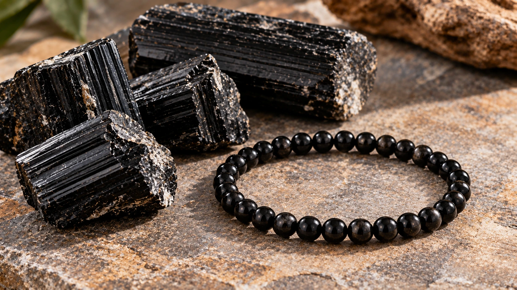 Pulsera de turmalina negra natural junto a cristales en bruto