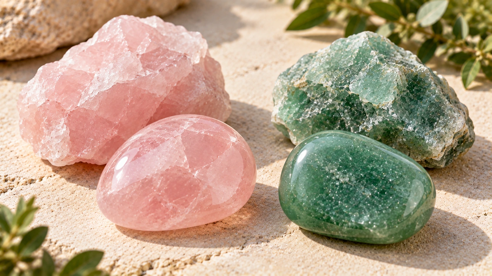 Cuarzo rosa y aventurina verde como piedras asociadas al chakra corazón
