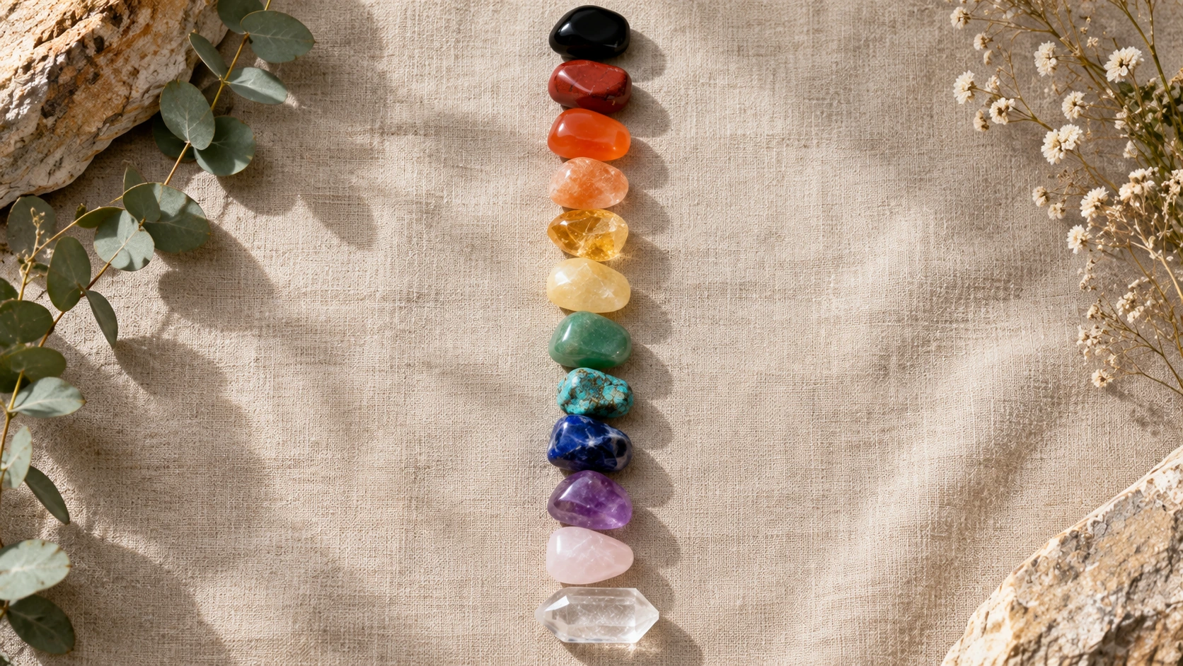 Conjunto de piedras naturales representando los 12 chakras