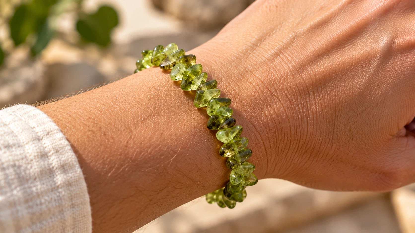 Pulsera de peridoto natural llevada en la muñeca