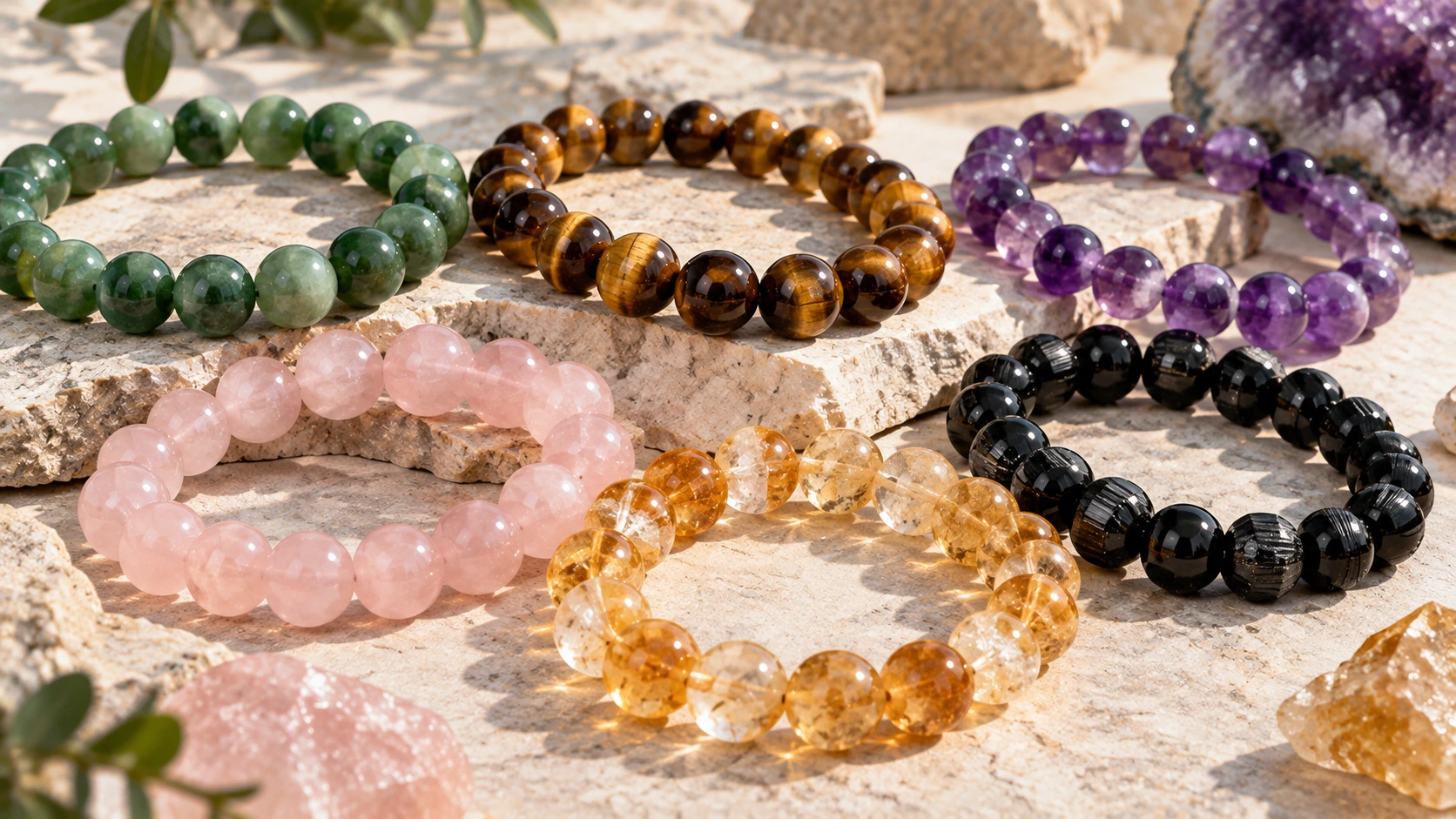 Pulseras de la suerte elaboradas con diferentes piedras naturales
